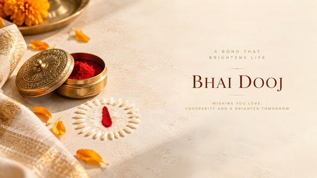 Brass Kumkum Bowl with Akshat Rice Tilak Mark and Gold Zari Silk Dupatta Commercial Stock Photo for Happy Bhai Dooj Banner Background
