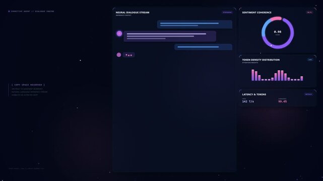 Abstract AI chatbot interface with chat bubbles, typing dots and sentiment bars, seamless loop
