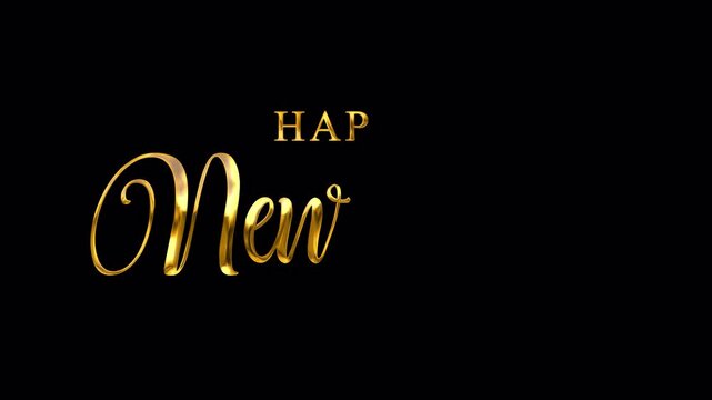 Elegant Happy New Year golden typography spells words against black backgrounds, creating luxurious high contrast designs suitable for branding, invitations, posters, and social media.