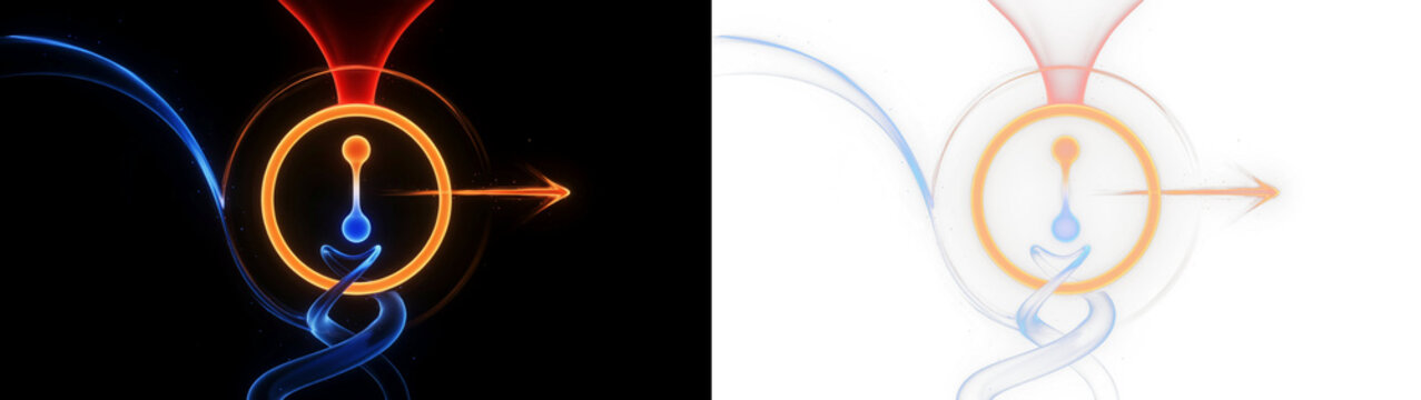 Scientific abstract illustration showing a dipole particle, energy fields, and momentum arrows against black and transparent backgrounds