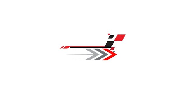 A modern abstract speed logo featuring dynamic red, black, and gray geometric shapes with layered forward-pointing arrows and sleek horizontal lines. The minimalist design conveys speed, movement, acc