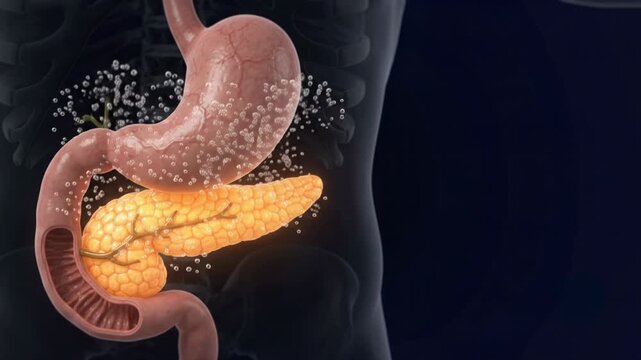 Human Digestive System - Anatomical Pancreas and Stomach with Digestive Enzyme Particles - 3D Medical Illustration 4K Footage