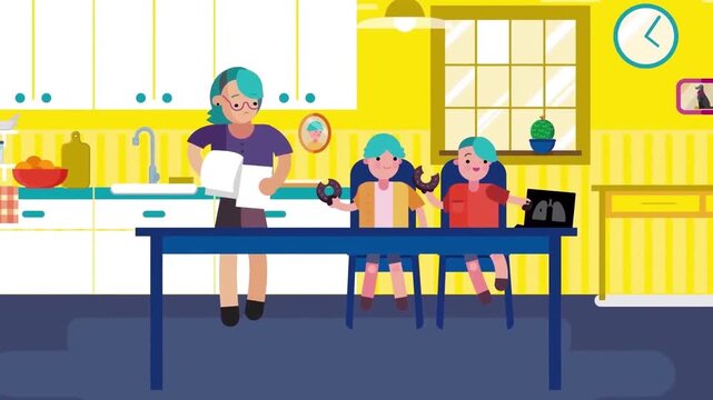 Animated mother looking stressed while organizing paperwork inside a bright modern kitchen with her kids eating snacks motion video footage