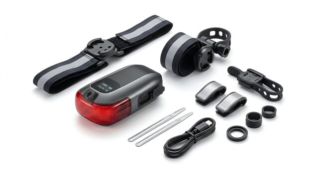 Bicycle safety light kit with mounting straps and charging cable for night cycling visibility gear
