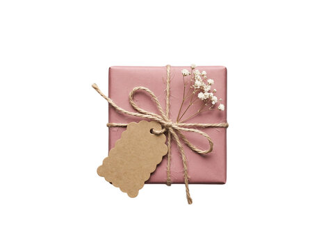 Pink gift box tied with twine string and baby breath flowers