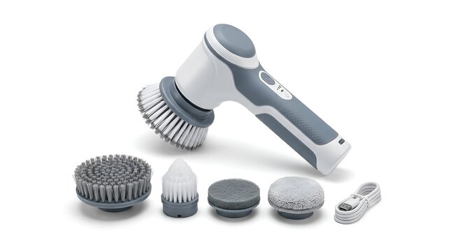 Cordless electric cleaning brush with interchangeable heads for household surface scrubbing and chores