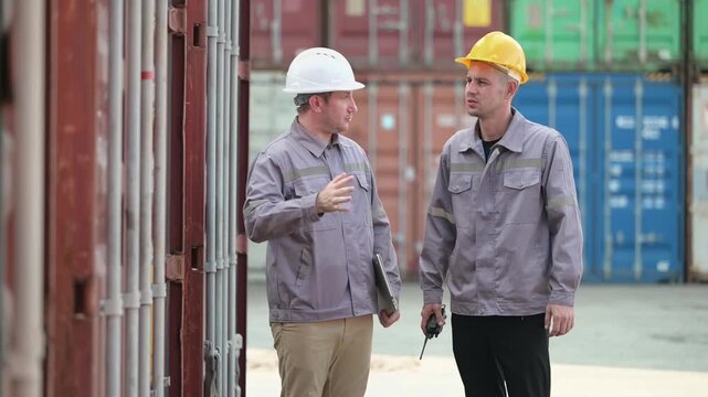 Port logistics team conducts a field inspection near stacked shipping containers and a reach stacker, reviewing digital data for safe and efficient cargo operations.