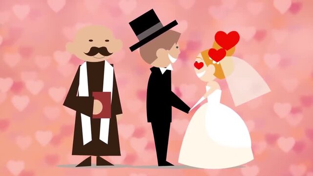 Wedding ceremony animation video featuring bride groom and priest with romantic hearts floating in background motion clip