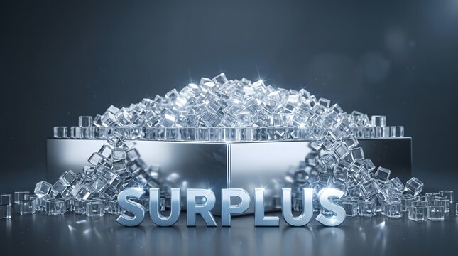 Economic surplus creates excess supply, Glass cubes piled on podium, Silver text over reflective surface, Ideal for inventory economy market themes