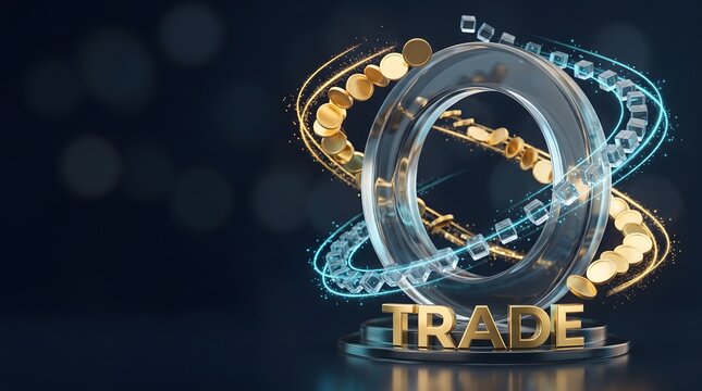 Global trade exchange financial concept, Glass ring wrapped with chain, Gold coins circulating with neon glow, Ideal for fintech trading economy themes