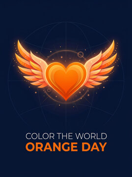 A vibrant illustration featuring a glowing orange heart with wings against a dark blue background celebrating the international color the world orange day