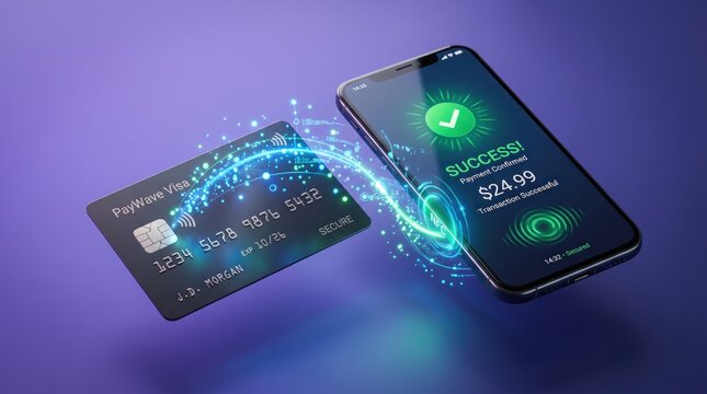 Contactless payment transaction using a Visa card and smartphone with NFC technology, showing successful digital money transfer and secure electronic wallet interface with glowing