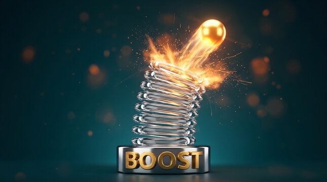 Powerful boost accelerating business growth, Metal coil spring launching golden ball, Fiery flames with glowing sparks, Ideal for economic stimulus motivation themes