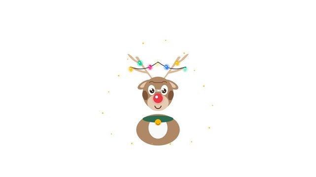 Seamless loop 2D vector animation of Rudolph the red-nosed reindeer with glowing beacon nose, swaying fairy light bulbs strung across his antlers, and ear flicks on transparent background.