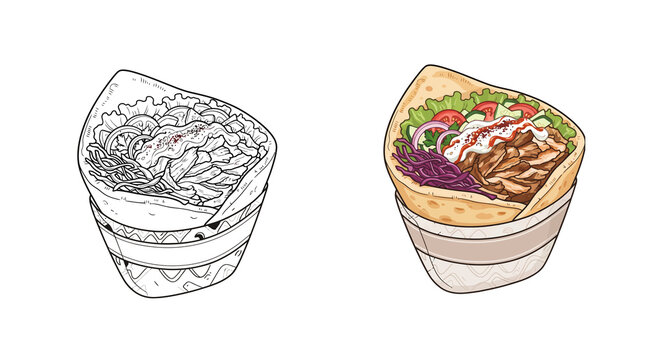 Doner kebab vector illustration set featuring black and white line art outline and colorful shaded cartoon styles with sliced meat, fresh vegetables, lettuce, tomatoes, cucumbers, red cabbag