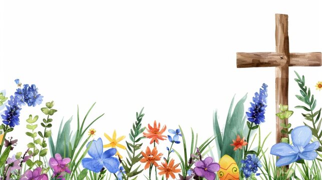 Colorful Flower Border with Wooden Cross and Butterfly in Watercolor Style for Religious Themes
