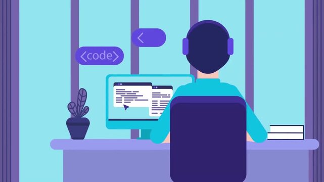 Programmer writing code on computer screen in minimalist modern office flat vector animation video footage