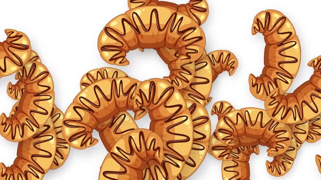 Animated Burst of Chocolate Drizzled Croissants on White Background