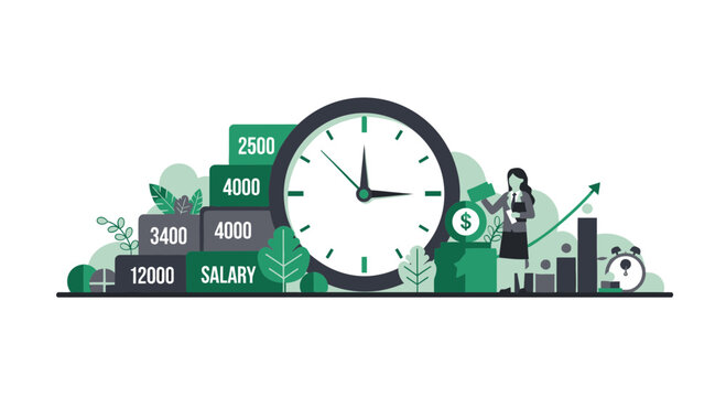 Businesswoman managing time and salary growth career progression illustration