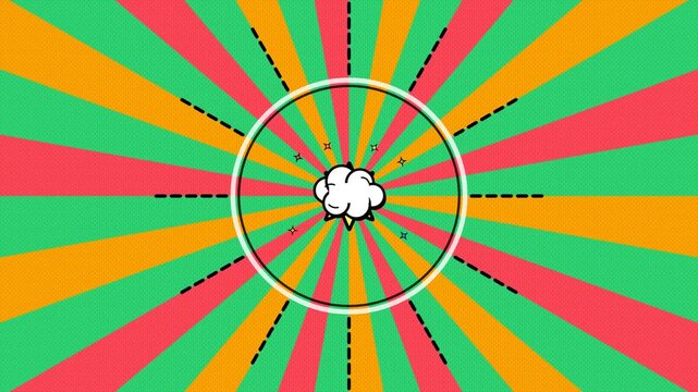 Comic Style Pop Art Sunburst Animation with Expanding Ring Shockwaves and Cartoon Cloud for Vibrant Retro Promo Video