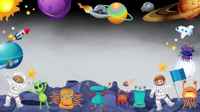 Cartoon Outer Space Border Frame with Astronauts and Aliens