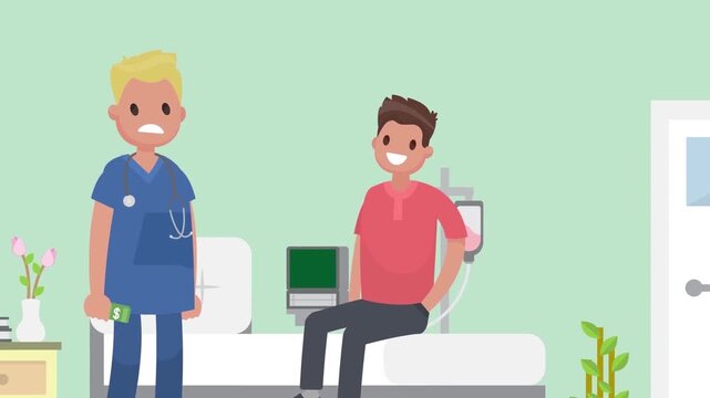 Animated nurse holding cash and worried while smiling patient sits comfortably on hospital bed with IV drip vector motion video
