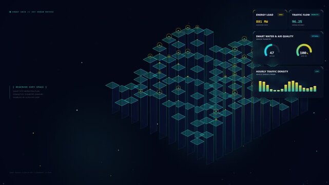 Smart city IoT dashboard with isometric wireframe city and sensor points, seamless loop