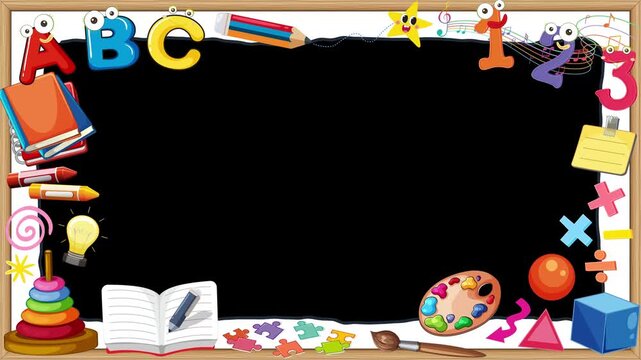 Animated Cartoon School Board Frame with Supplies and Copy Space