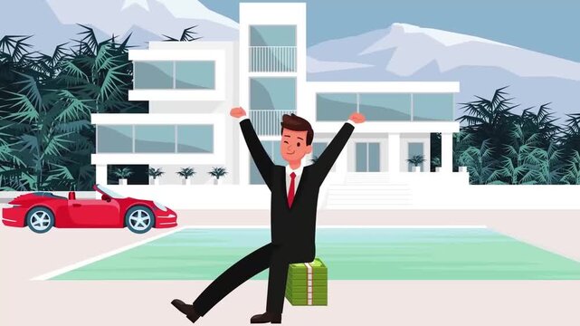 Happy businessman celebrating financial success sitting on money stacks in front of luxury mansion vector video footage