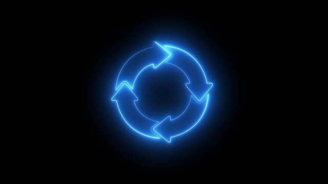 Glowing blue neon circular arrows icon for recycling, process loop, continuous workflow, reload refresh, environmental sustainability