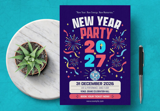 New Year Party Flyer Template with Festive Celebration Design