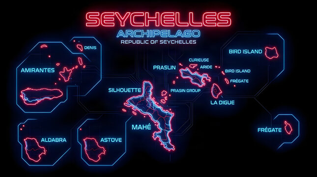 Neon illuminated archipelago map of seychelles on a dark background with graphic design seychelles archipelago