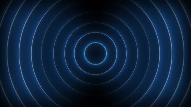 Concentric glowing blue neon circles emanating from a dark center against a black background creating a sense of depth and digital energy