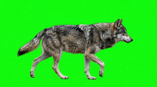 Gray wolf walking sideways on green screen background.
