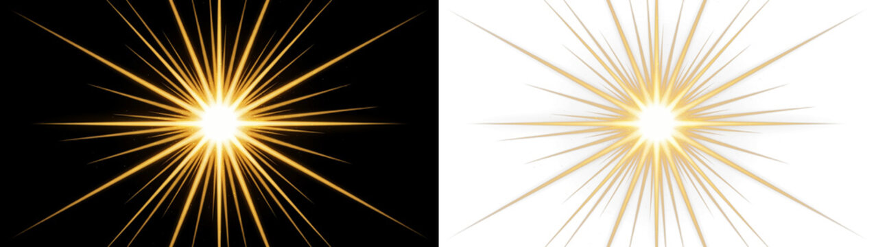 Bright glowing golden starburst or sunburst light effect with multiple sharp rays, vector illustration isolated on transparent background