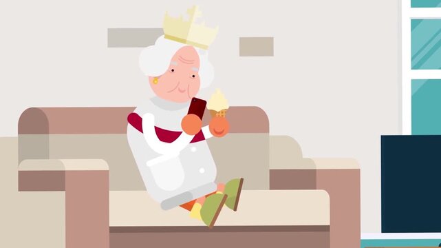 Animated royal queen sitting comfortably on a living room sofa eating sweet ice cream while using smartphone footage
