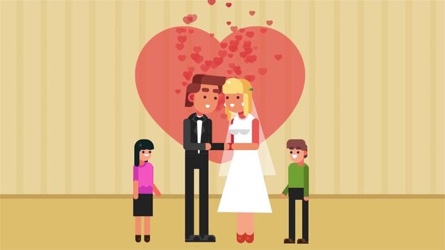 Animated wedding ceremony video footage showing bride groom and happy family members standing together inside room