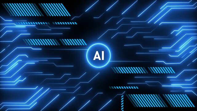 Digital circuit board pattern with glowing blue lines and AI text in a central circle against a dark background representing artificial intelligence and technology