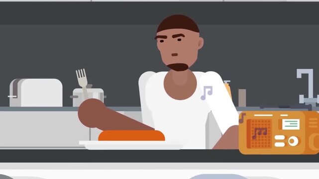 Animated man eating breakfast while listening to music on a vintage radio inside his modern kitchen video clip