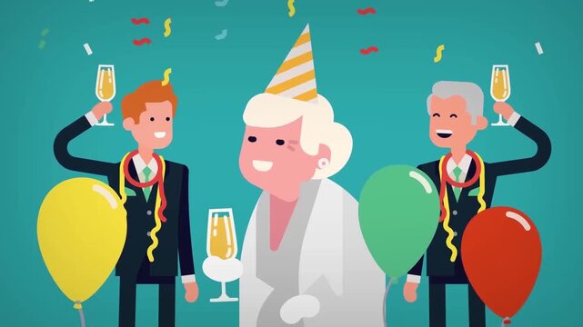 Joyful older woman celebrating birthday party with family members holding champagne glasses and colorful balloons motion footage