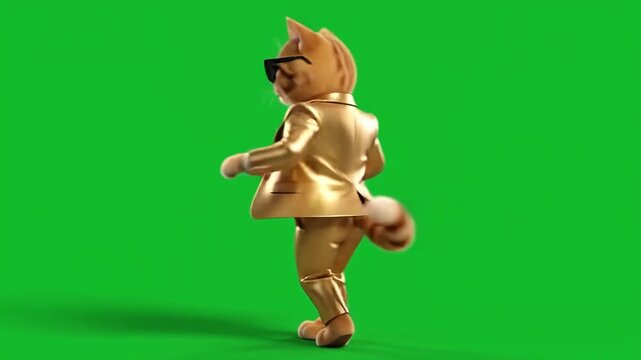 Golden animal in a suit dancing on a green screen background