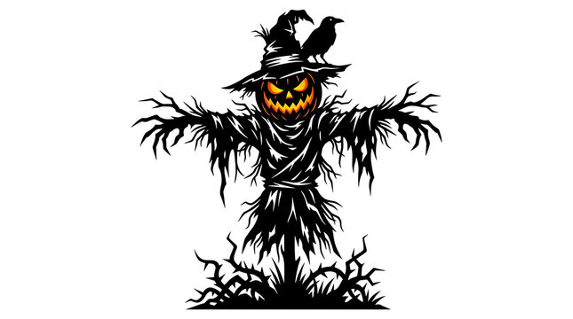 Halloween scarecrow with jack o lantern pumpkin head and black crow vector illustration on white background