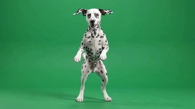 Happy Dalmatian dog performing an energetic dance on a green screen background.