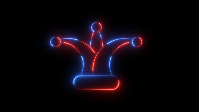 Neon jester hat icon with glowing blue and red outline on a black background
