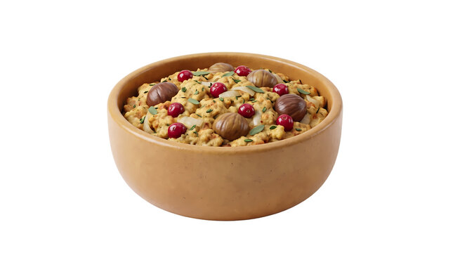 Bowl of Thanksgiving bread stuffing with chestnuts, cranberries, onion and herbs, holiday side dish concept. Ideal for holiday menus, recipe blogs and grocery ads. 3D rendering on white
