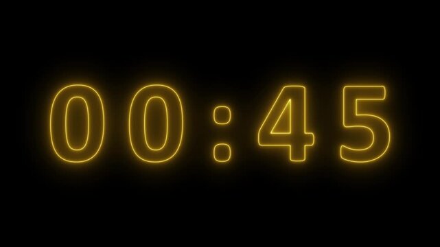 Glowing yellow neon digital clock displaying 00:47 with a dark black background and a subtle glow effect around the numbers and colon, signifying time countdown or elapsed time