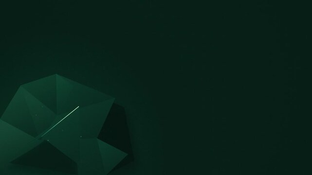 Green faceted low poly crystal shape rotating with glowing edge on dark copy space background
