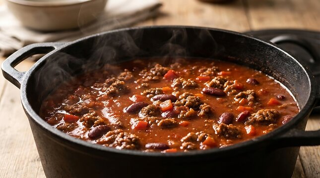 Delicious chili con carne with ground beef and red kidney beans cooking in a black cast iron pot. chili cookoff
