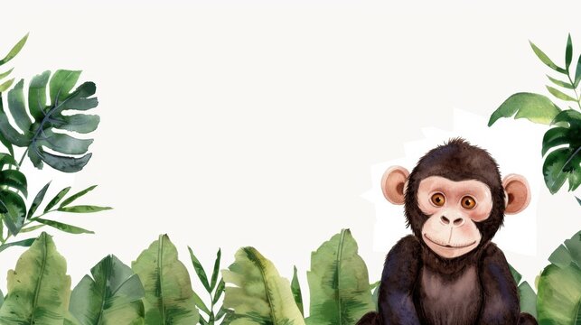 Cute cartoon monkey sitting among tropical leaves on a light background suitable for children's designs and nature themes