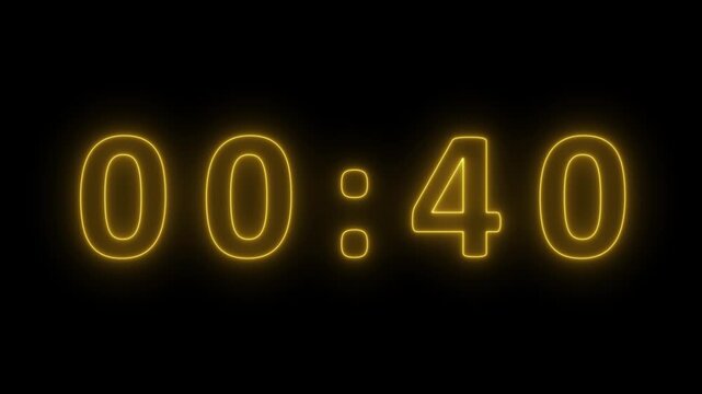 Bright yellow neon digital clock showing 00:42 with a dark black background and a distinct luminous glow emanating from the numbers and colon, timekeeping or countdown visuals